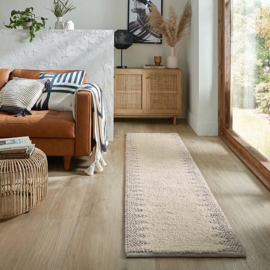 Flycarpets Loper Minerals Uni vloerkleed Laagpolig Wol Bolletjes Kader Modern Naturel Creme 60 x 230 cm