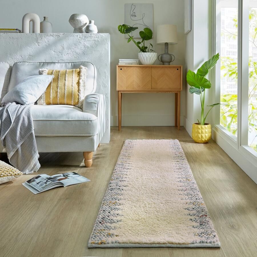 Flycarpets Loper Minerals Uni vloerkleed Laagpolig Wol Bolletjes Kader Modern Zwart Wit 60 x 230 cm