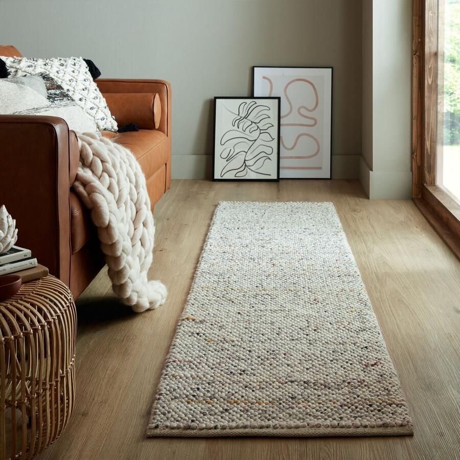 Flycarpets Loper Minerals Uni vloerkleed Laagpolig Wol Bolletjes Modern Zwart Wit 60 x 230 cm