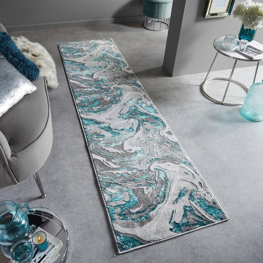 Flycarpets Loper Modern Vloerkleed Marbled Laagpolig Marmer Blauw 60x230 cm