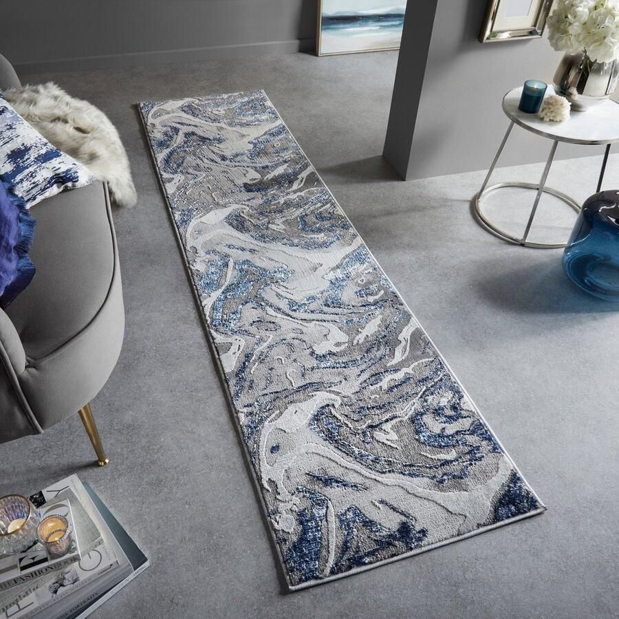 Flycarpets Loper Modern Vloerkleed Marbled Laagpolig Marmer Navy 80x300 cm