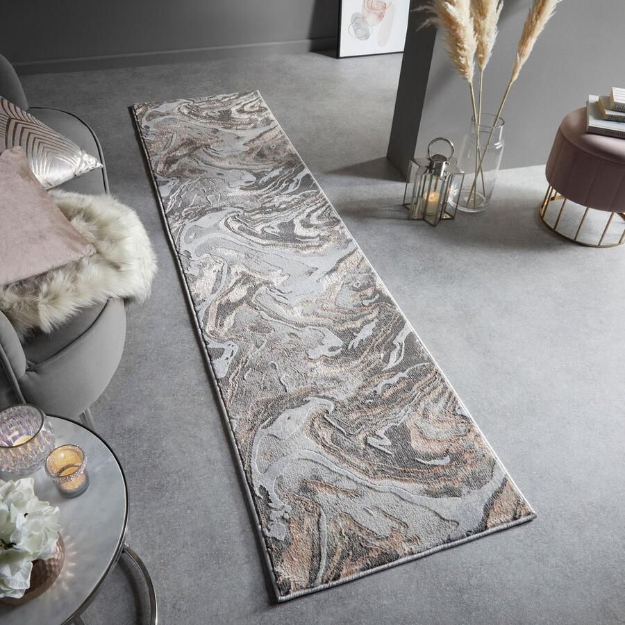 Flycarpets Loper Modern Vloerkleed Marbled Laagpolig Marmer Taupe 80x300 cm