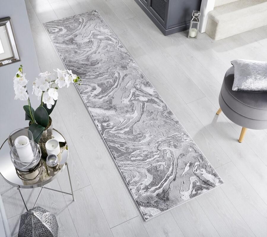 Flycarpets Loper Modern Vloerkleed Marbled Laagpolig Marmer Zilver 60x230 cm