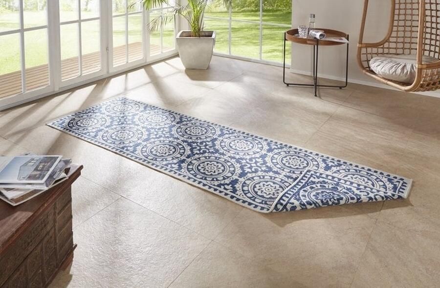 Flycarpets Loper Omkeerbaar Binnen & Buitenkleed Laagpolig Loper Jardin- Blauw Creme 80x250 cm