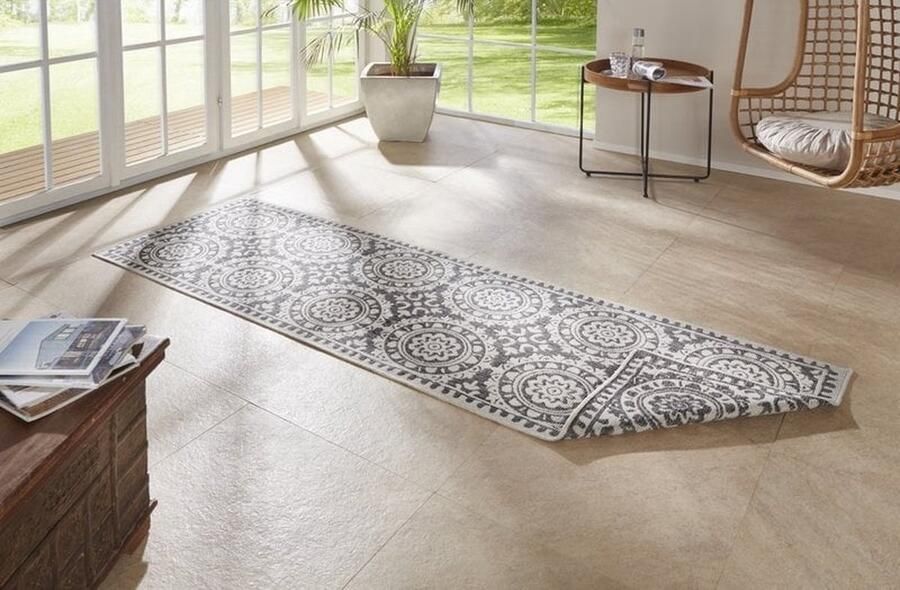 Flycarpets Loper Omkeerbaar Binnen & Buitenkleed Laagpolig Loper Jardin- Grijs Creme 80x250 cm