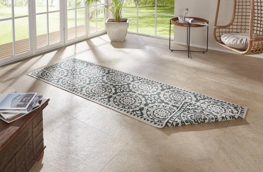 Flycarpets Loper Omkeerbaar Binnen & Buitenkleed Laagpolig Loper Jardin- Groen Creme 80x350 cm