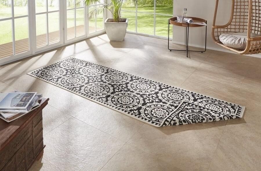 Flycarpets Loper Omkeerbaar Binnen & Buitenkleed Laagpolig Loper Jardin- Zwart Creme 80x350 cm