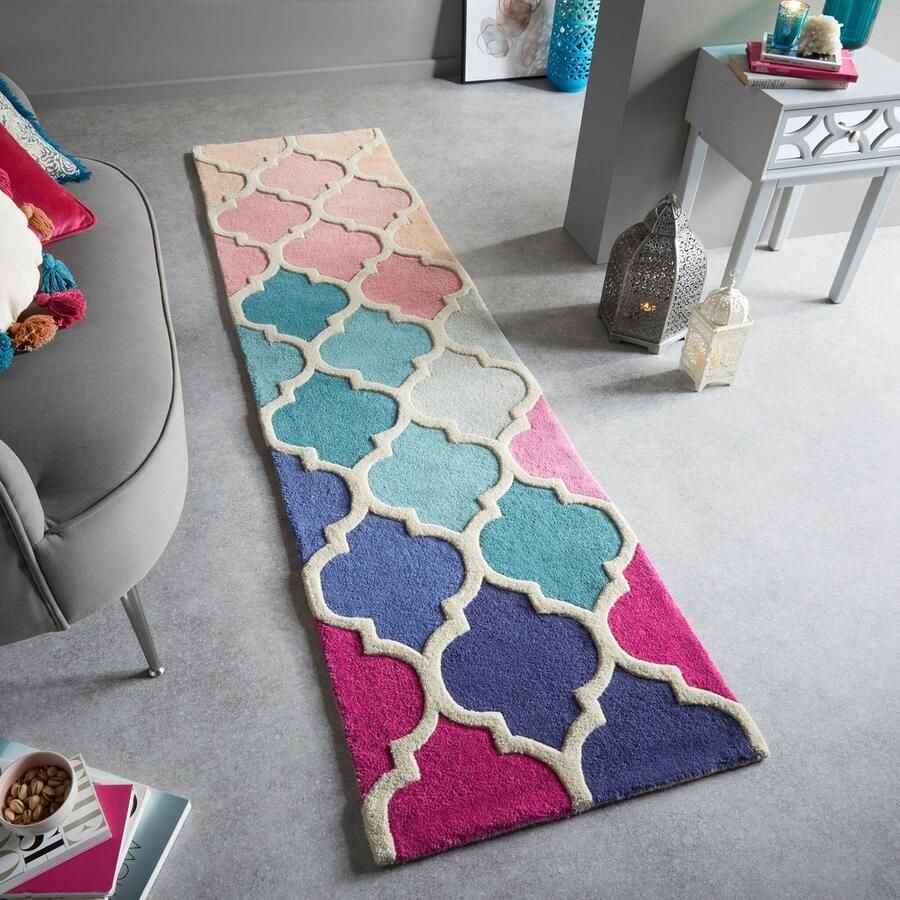 Flycarpets Loper Reverie Modern Laagpolig 100% Wol Barok Design Vloerkleed Roze Blauw 60x230 cm