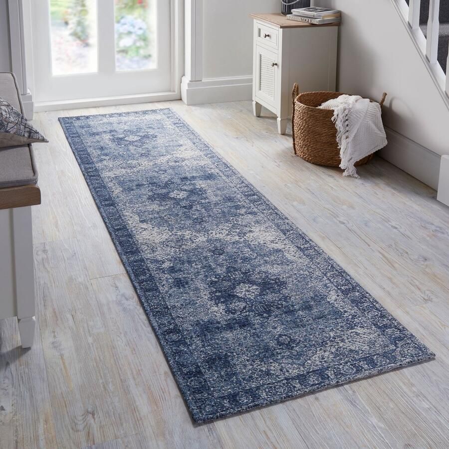 Flycarpets Loper Vintage Vloerkleed Antique Traditioneel Laagpolig Medaillon Blauw 60x230 cm