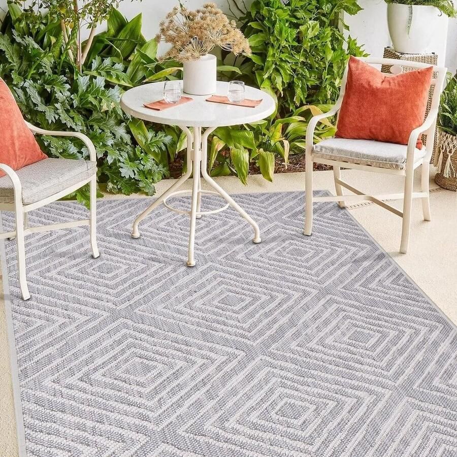 Flycarpets Lora Buitenkleed Voor Binnen & Buiten Vloerkleed Grijs Geruit 200 cm Vierkant