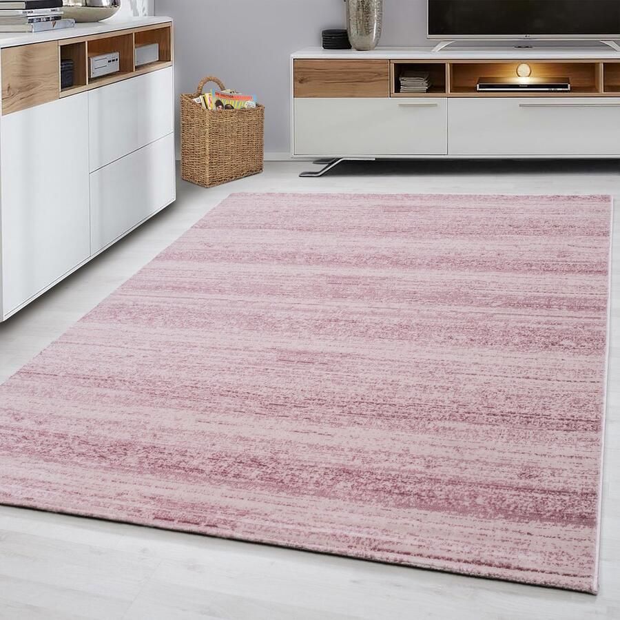 Flycarpets Marlon Vloerkleed Effen Gestreept Roze Laagpolig 200x290 cm