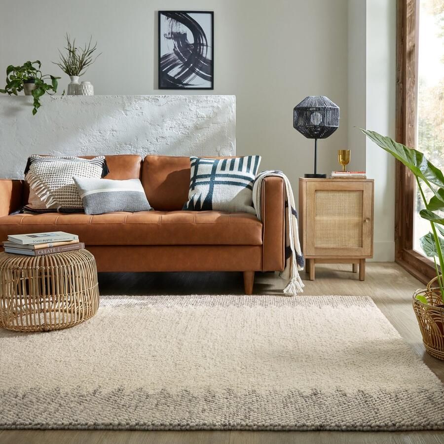 Flycarpets Minerals Uni vloerkleed Laagpolig Wol Bolletjes Kader Modern Naturel Creme 80 x 150 cm