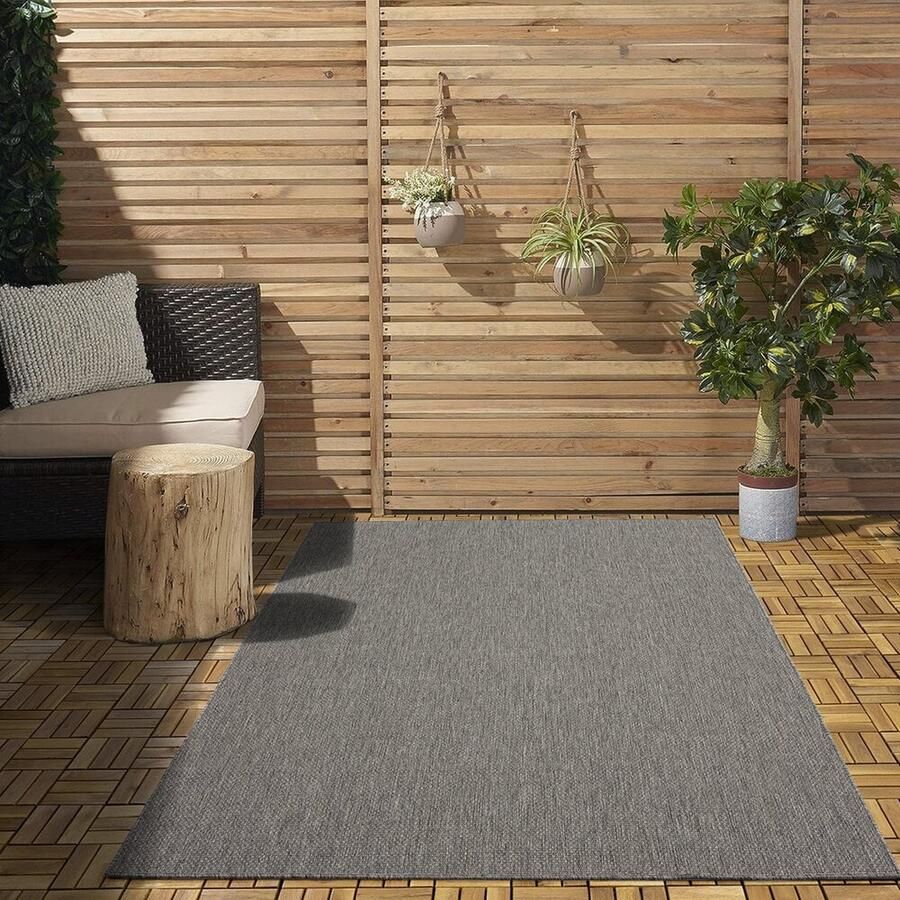 Flycarpets Nilus Effen Buitenkleed Grijs Vloerkleed Buiten Laagpolig Tuinkleed Tuintapijt Buitentapijt 200x280 cm