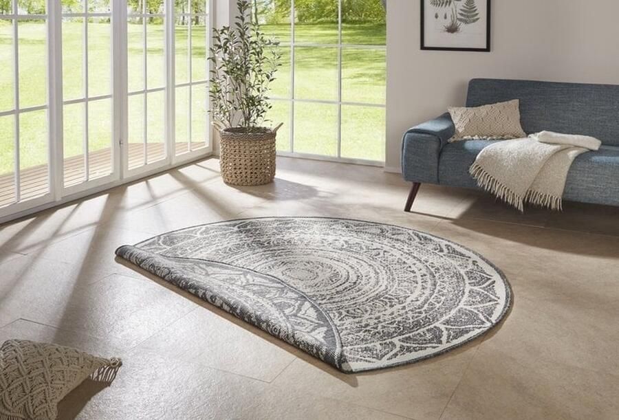 Flycarpets Omkeerbaar Binnen & Buitenkleed Laagpolig Vloerkleed Siruma Rond- Grijs Creme 140x140 cm