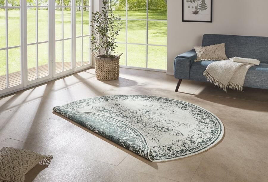 Flycarpets Omkeerbaar Rond Buitenkleed Vloerkleed Borbon Groen Creme Laagpolig Tuintapijt Buitentapijt Tuinkleed 200 cm
