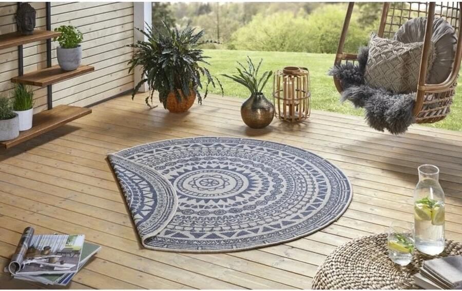 Flycarpets Omkeerbaar Rond Buitenkleed Vloerkleed Corsica Blauw Creme Laagpolig Tuintapijt Buitentapijt Tuinkleed 200 cm