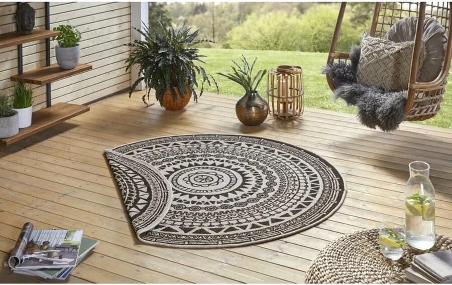 Flycarpets Omkeerbaar Rond Buitenkleed Vloerkleed Corsica Terra Creme Laagpolig Tuintapijt Buitentapijt Tuinkleed 200 cm