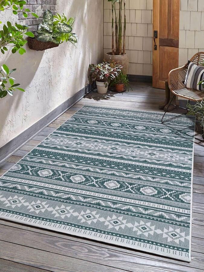 Flycarpets Omkeerbaar Terrazo Nomad Aztec Buitenkleed Groen Creme 240x340 cm Vloerkleed Buiten Laagpolig Groot Tuinkleed Tuintapijt Buitentapijt