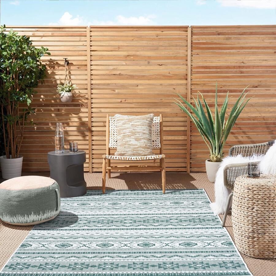 Flycarpets Omkeerbaar Terrazo Nomad Aztec Buitenkleed Groen Creme 200x290 cm Vloerkleed Buiten Laagpolig Tuinkleed Tuintapijt Buitentapijt - Foto 2