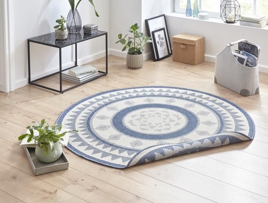 Flycarpets Omkeerbaar Vloerkleed Binnen & Buitenkleed Jamaica Rond- Blauw Creme 200x200 cm
