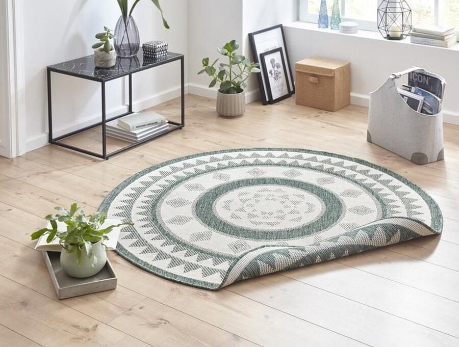 Flycarpets Omkeerbaar Vloerkleed Binnen & Buitenkleed Jamaica Rond- Groen Creme 140x140 cm