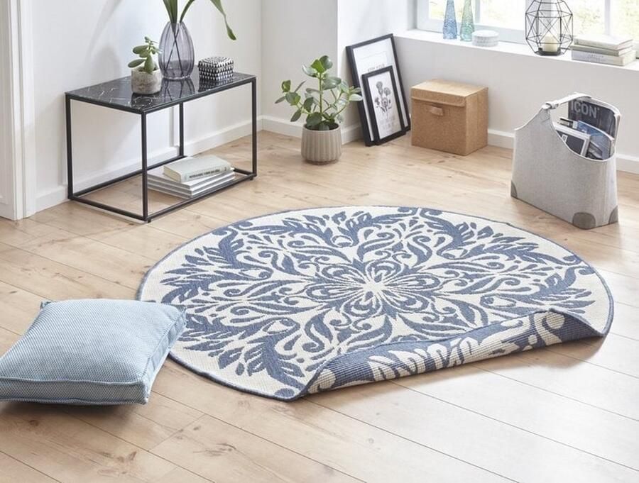 Flycarpets Omkeerbaar Vloerkleed Binnen & Buitenkleed Madrid Rond- Blauw Creme 200x200 cm