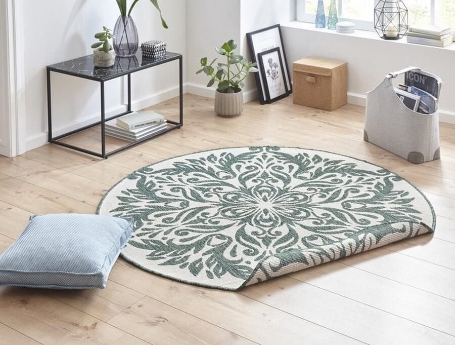 Flycarpets Omkeerbaar Vloerkleed Binnen & Buitenkleed Madrid Rond- Groen Creme 200x200 cm