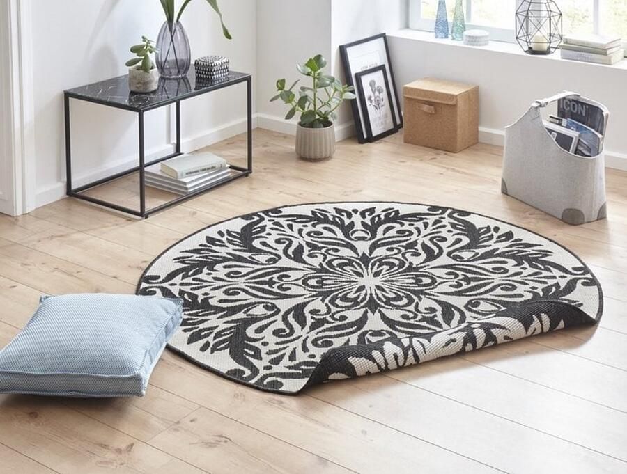 Flycarpets Omkeerbaar Vloerkleed Binnen & Buitenkleed Madrid Rond- Zwart Creme 200x200 cm