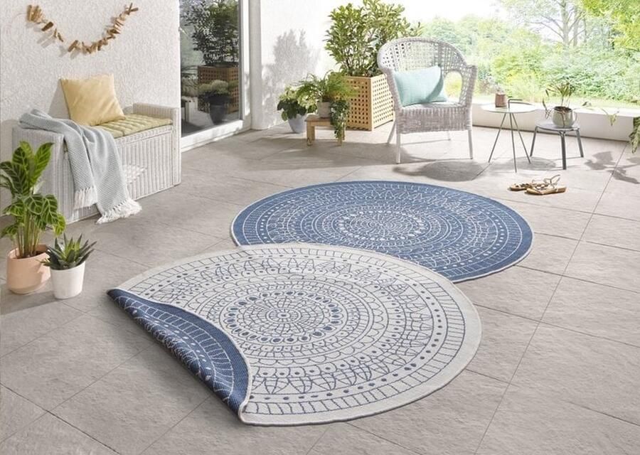 Flycarpets Omkeerbaar Vloerkleed Binnen & Buitenkleed Porto- Blauw Creme 100x100 cm