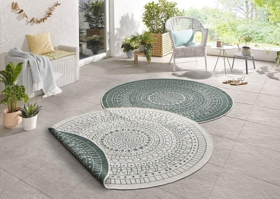 Flycarpets Omkeerbaar Vloerkleed Binnen & Buitenkleed Porto- Groen Creme 200x200 cm