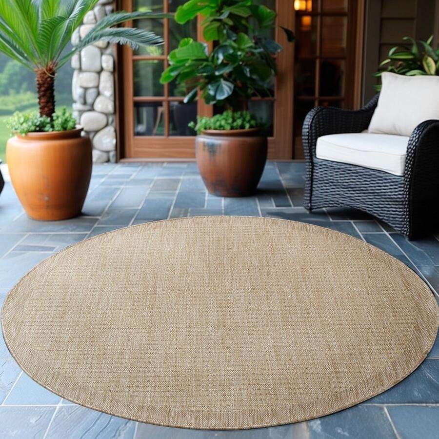 Flycarpets Riza Rond Binnen & Buitenkleed Beige Laagpolig Tuintapijt Kader Motief 200 cm
