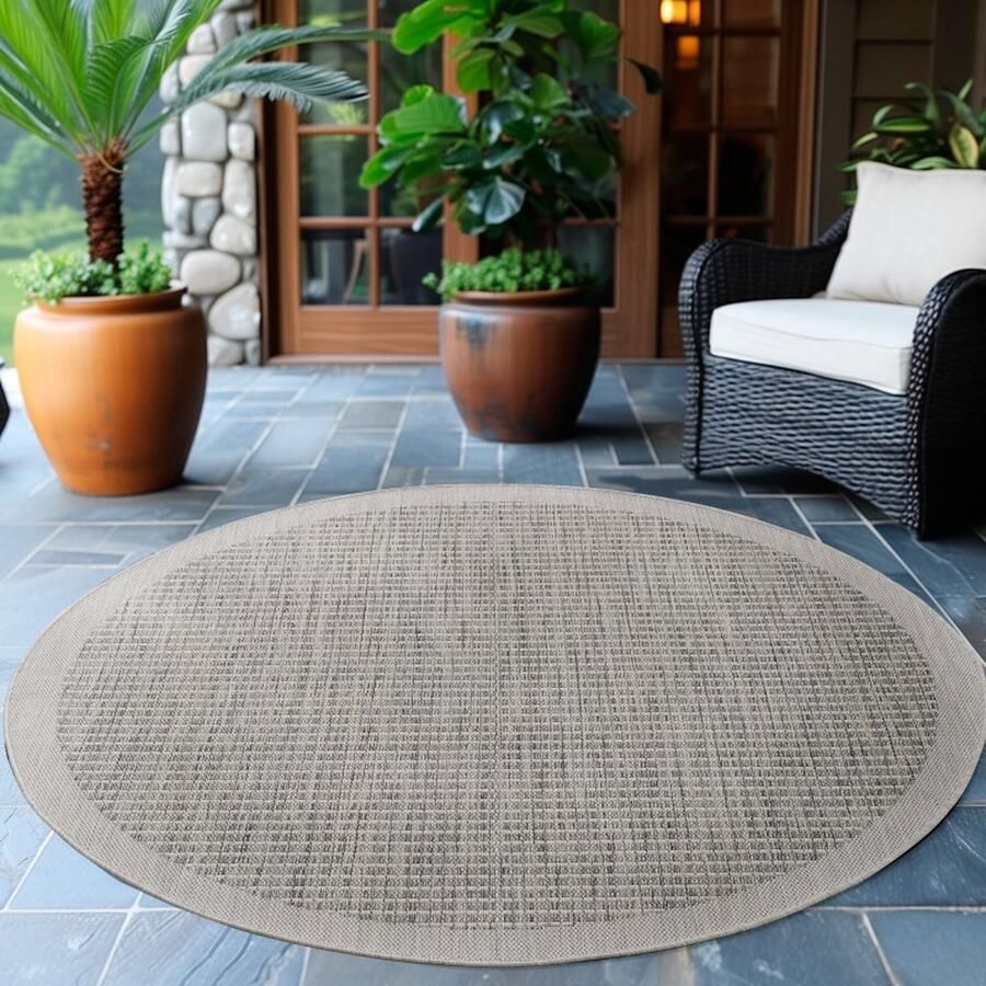 Flycarpets Riza Rond Binnen & Buitenkleed Grijs Laagpolig Tuintapijt Kader Motief 160 cm