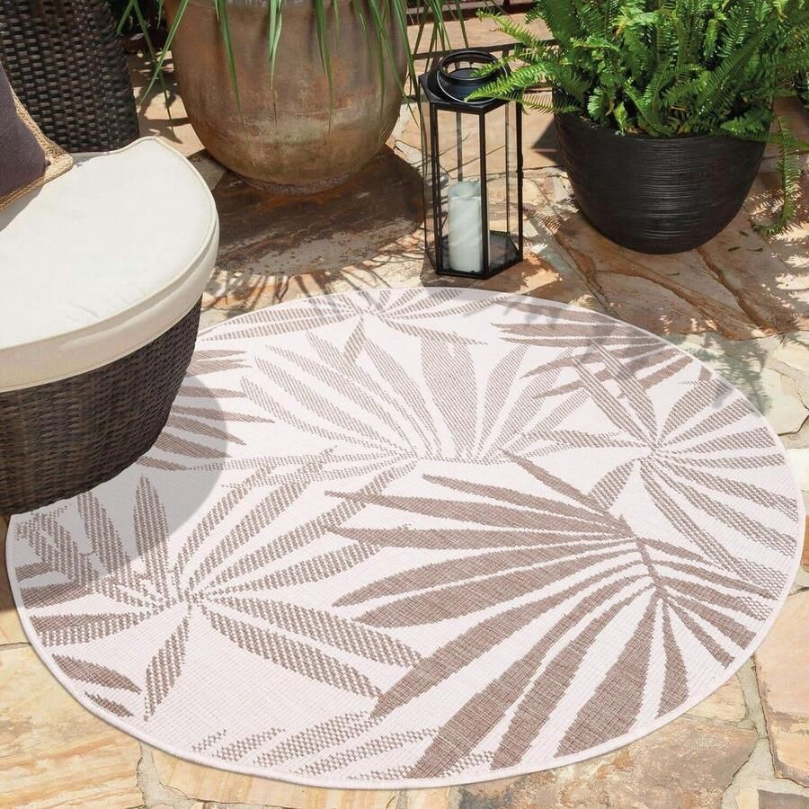 Flycarpets Rond Binnen & Buitenkleed Omkeerbaar Palm Rio Indoor & Outdoor Creme Beige 120x120 cm