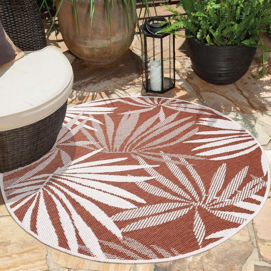 Flycarpets Rond Binnen & Buitenkleed Omkeerbaar Palm Rio Indoor & Outdoor Terra Creme 120x120 cm