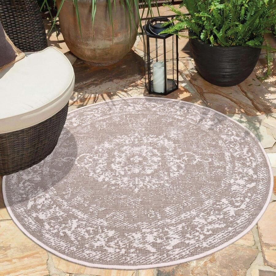 Flycarpets Rond Binnen & Buitenkleed Omkeerbaar Rio Indoor & Outdoor Creme Beige 120x120 cm
