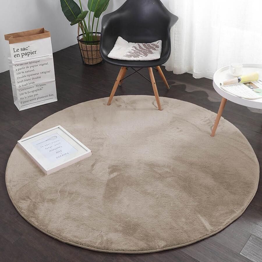 Flycarpets Rond Fluffy Hoogpolig Super Zacht Effen Vloerkleed Beige 160x160 cm