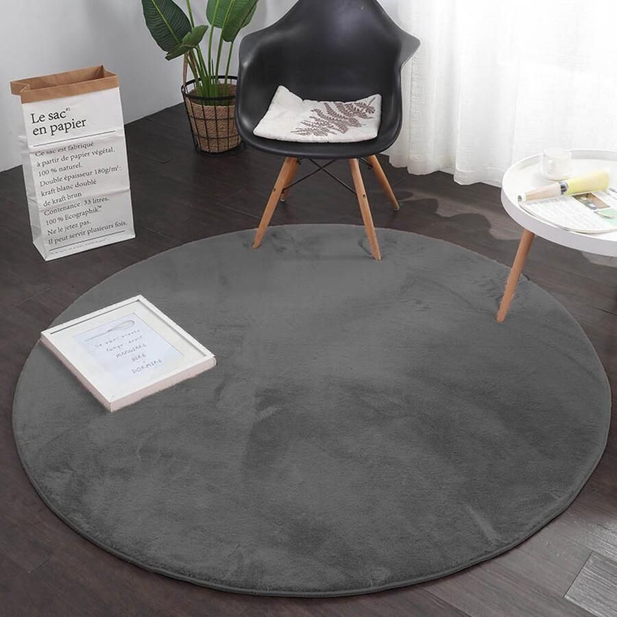 Flycarpets Rond Fluffy Hoogpolig Super Zacht Effen Vloerkleed Grijs 160x160 cm