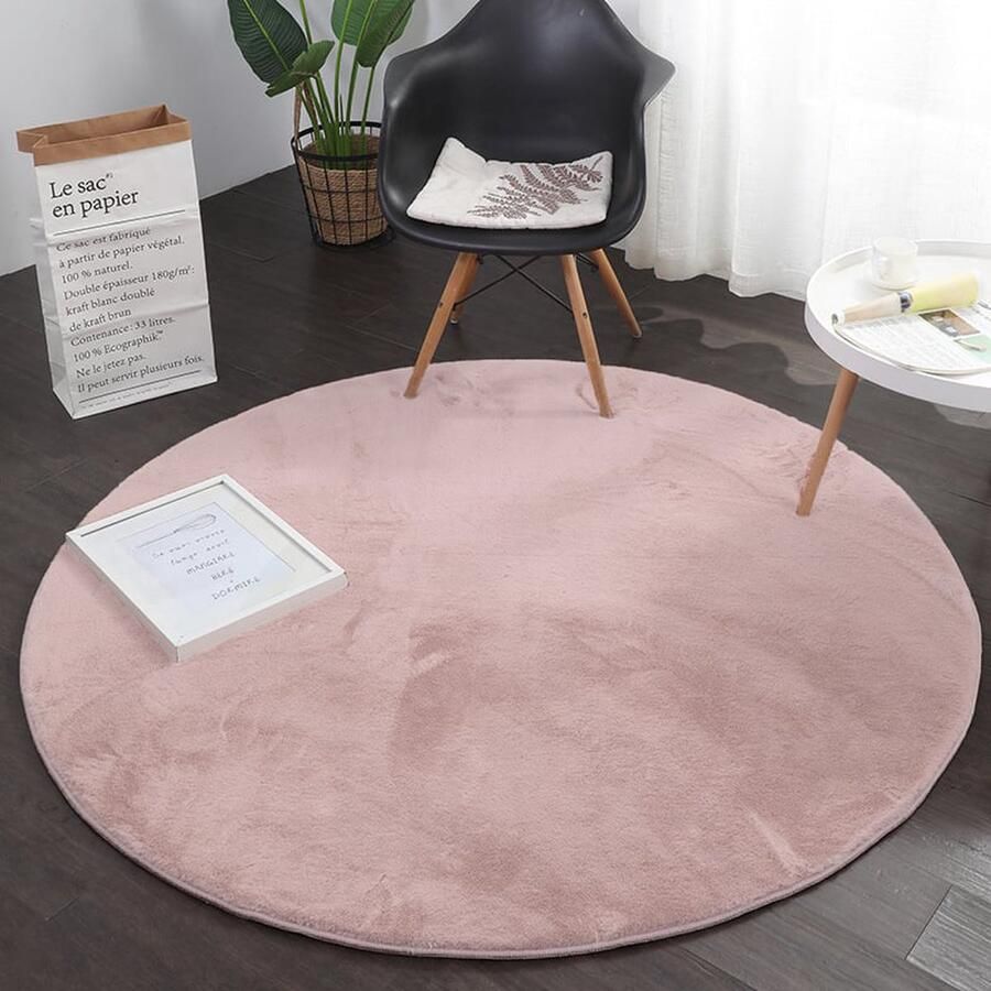 Flycarpets Rond Fluffy Hoogpolig Super Zacht Effen Vloerkleed Roze 160x160 cm