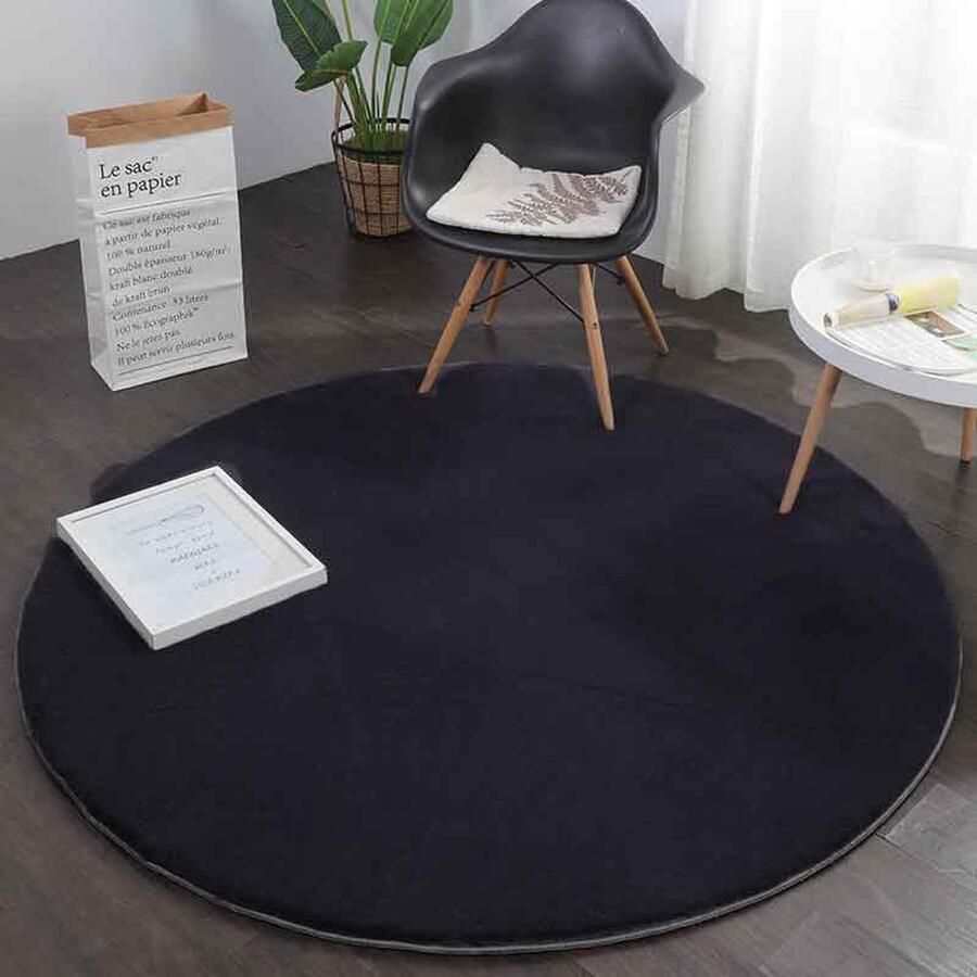 Flycarpets Rond Fluffy Hoogpolig Super Zacht Effen Vloerkleed Zwart 160x160 cm