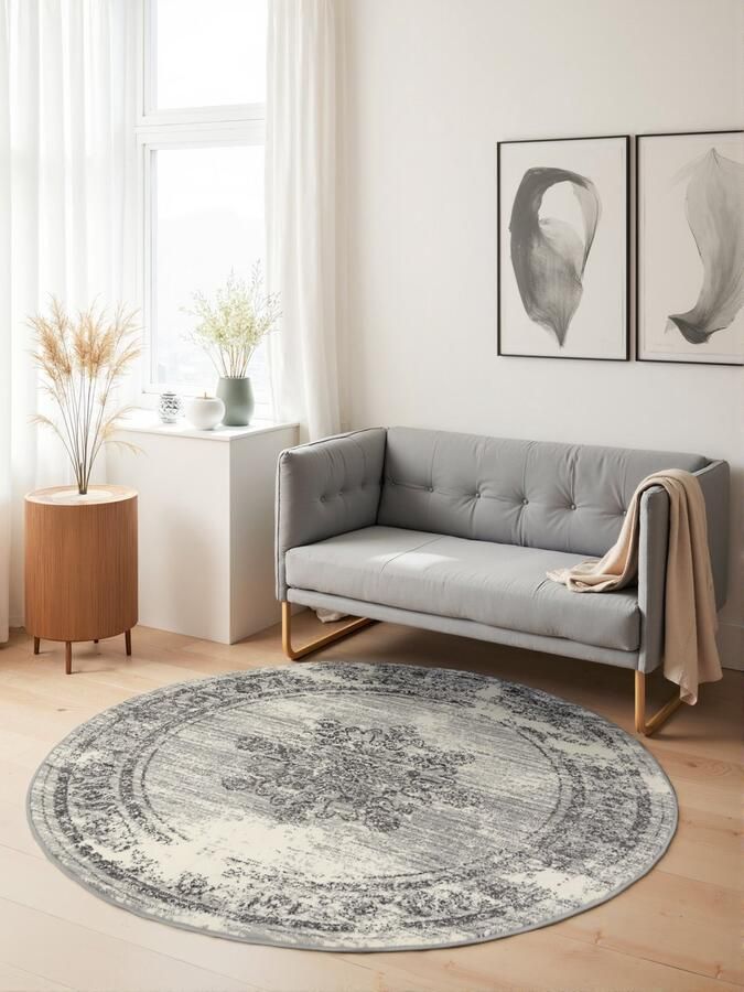 Flycarpets Rond Laagpolig Vloerkleed Gloria Lydia Creme Grijs 160cm rond Ø