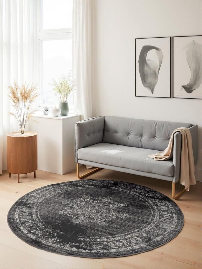 Flycarpets Rond Laagpolig Vloerkleed Gloria Lydia Grijs 160cm rond Ø