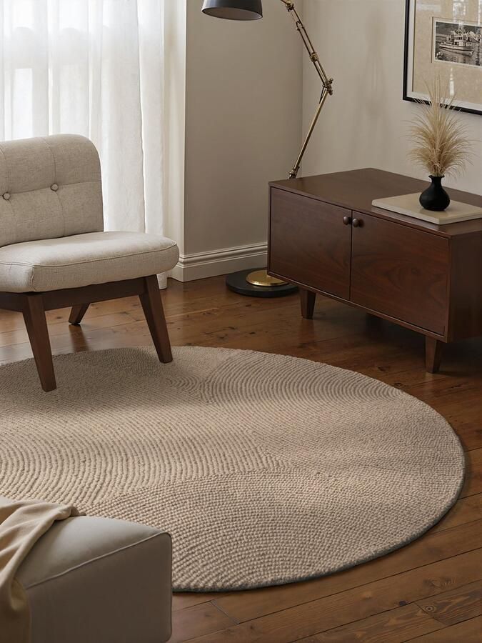 Flycarpets Rond Laagpolig Wollen Vloerkleed Eleni Beige 200cm rond Ø