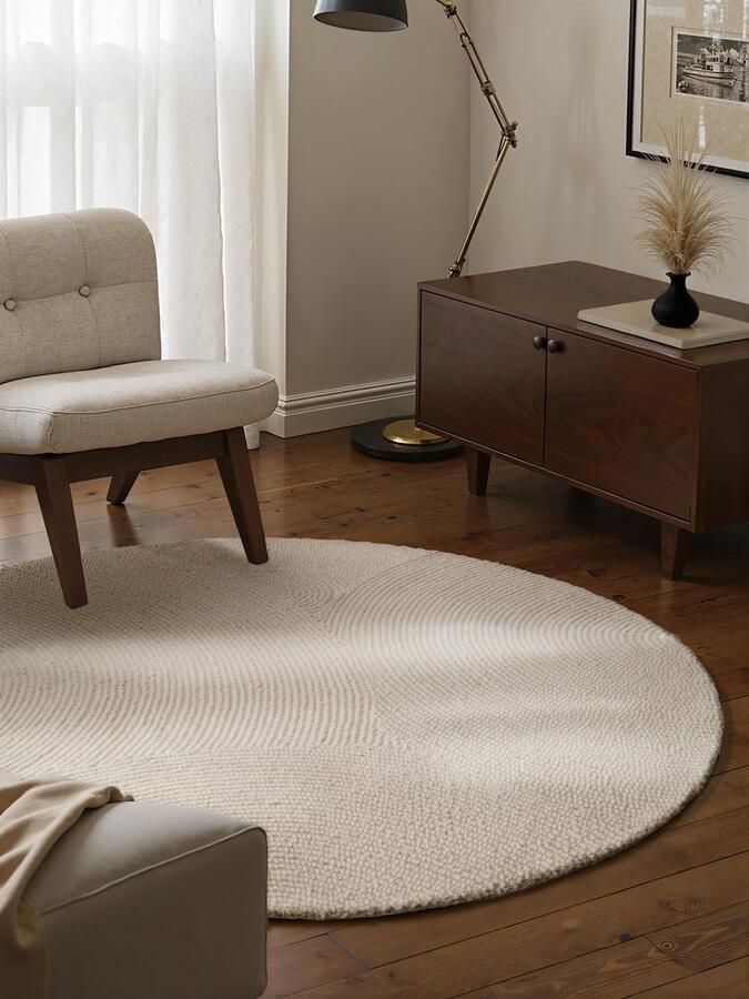 Flycarpets Rond Laagpolig Wollen Vloerkleed Eleni Naturel Wit 200cm rond Ø