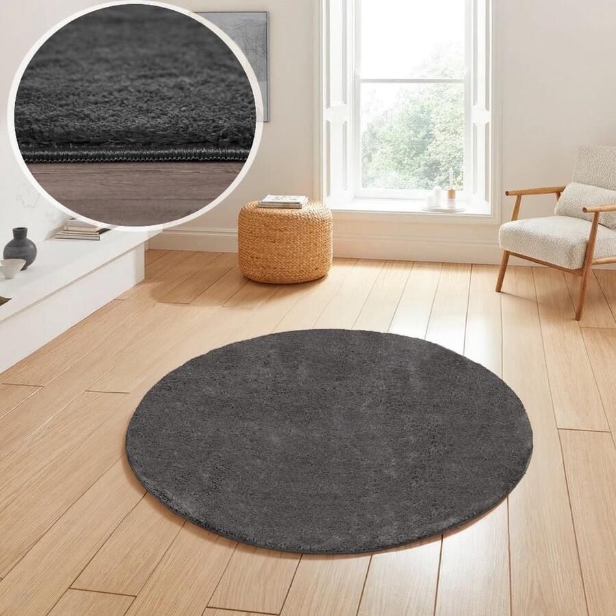 Flycarpets Rond Malaga Wasbaar Vloerkleed Antraciet 160x160 cm