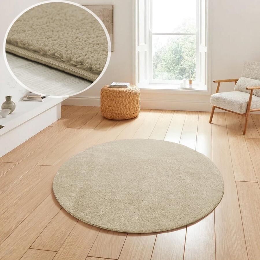 Flycarpets Rond Malaga Wasbaar Vloerkleed Beige 200x200 cm