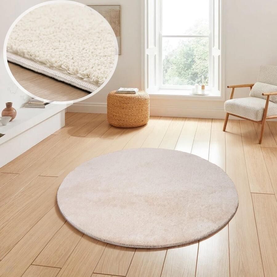 Flycarpets Rond Malaga Wasbaar Vloerkleed Creme 200x200 cm