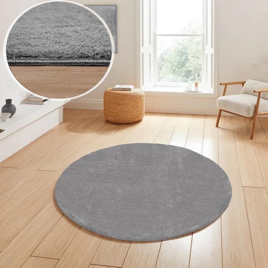 Flycarpets Rond Malaga Wasbaar Vloerkleed Grijs 200x200 cm