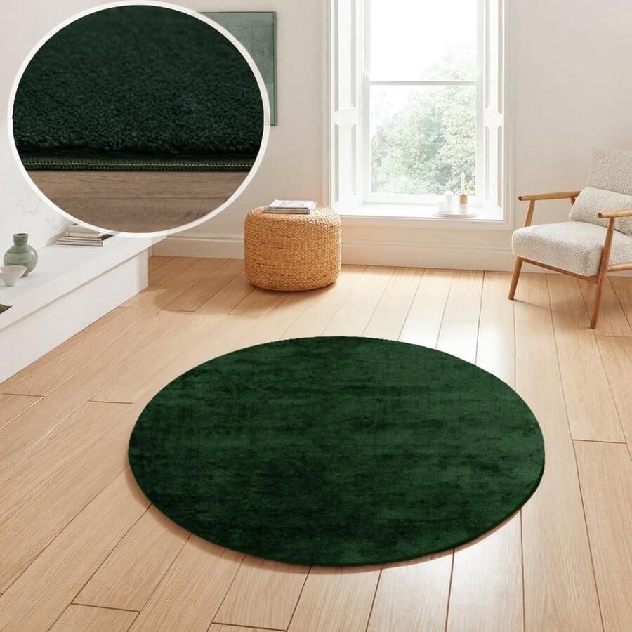 Flycarpets Rond Malaga Wasbaar Vloerkleed Groen 160x160 cm