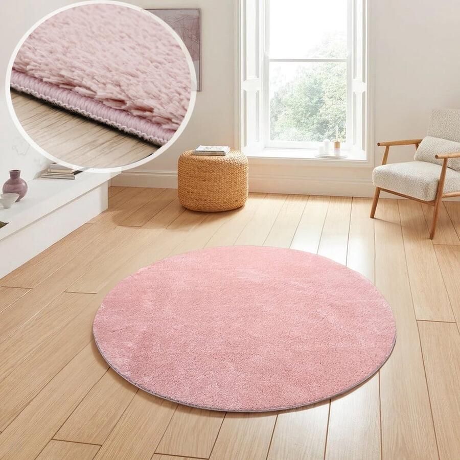 Flycarpets Rond Malaga Wasbaar Vloerkleed Roze 120x120 cm
