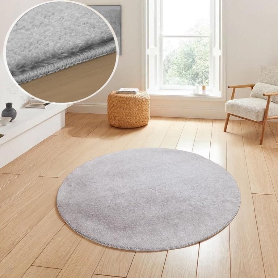 Flycarpets Rond Malaga Wasbaar Vloerkleed Zilver 200x200 cm